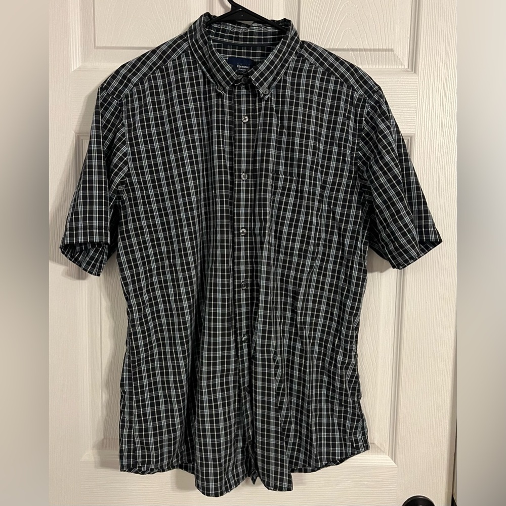 Basic Editions Classic Fit Men’s Large Plaid Button Up Black & Blue Short Sleeve